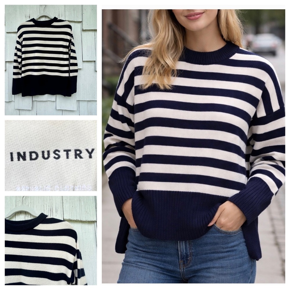 Industry Womens Navy Blue Cream Striped Crew Neck Pullover Sweater Viscose Blend